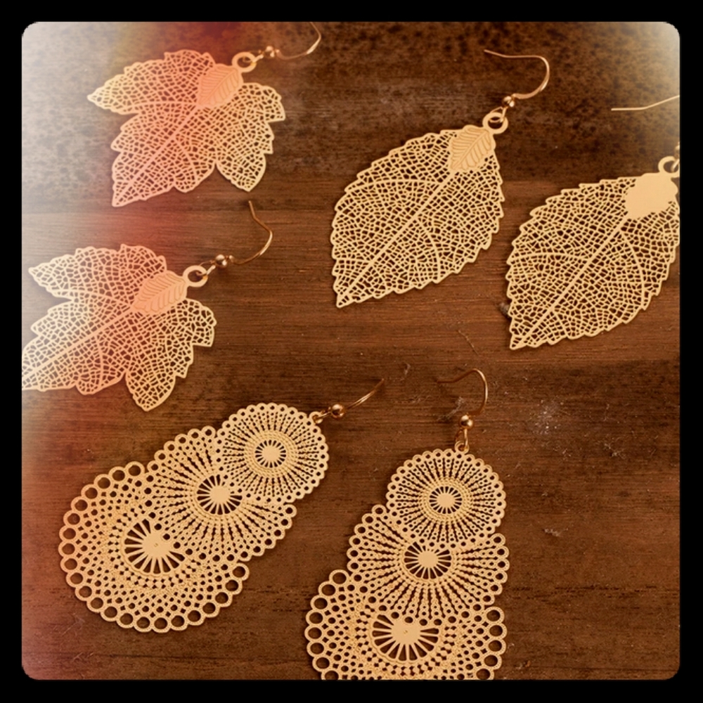 3 Pair Set Filigree Leaf Waterdrop Dangle Earring - Picture 16 of 16